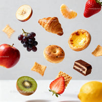 Floating Fresh Fruits and Assorted Baked Goods on Light Background