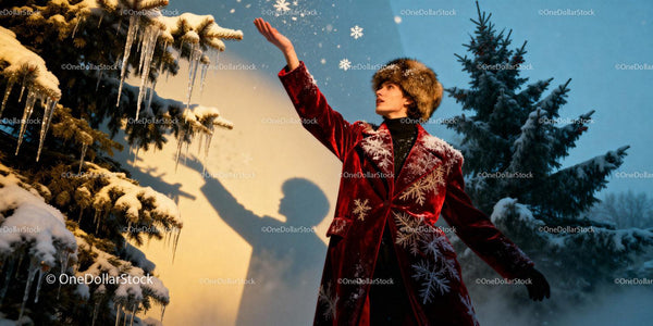 Man in Red Coat Enjoying Snowy Winter Forest