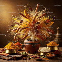 Aromatic spices and rice bursting from rustic pot