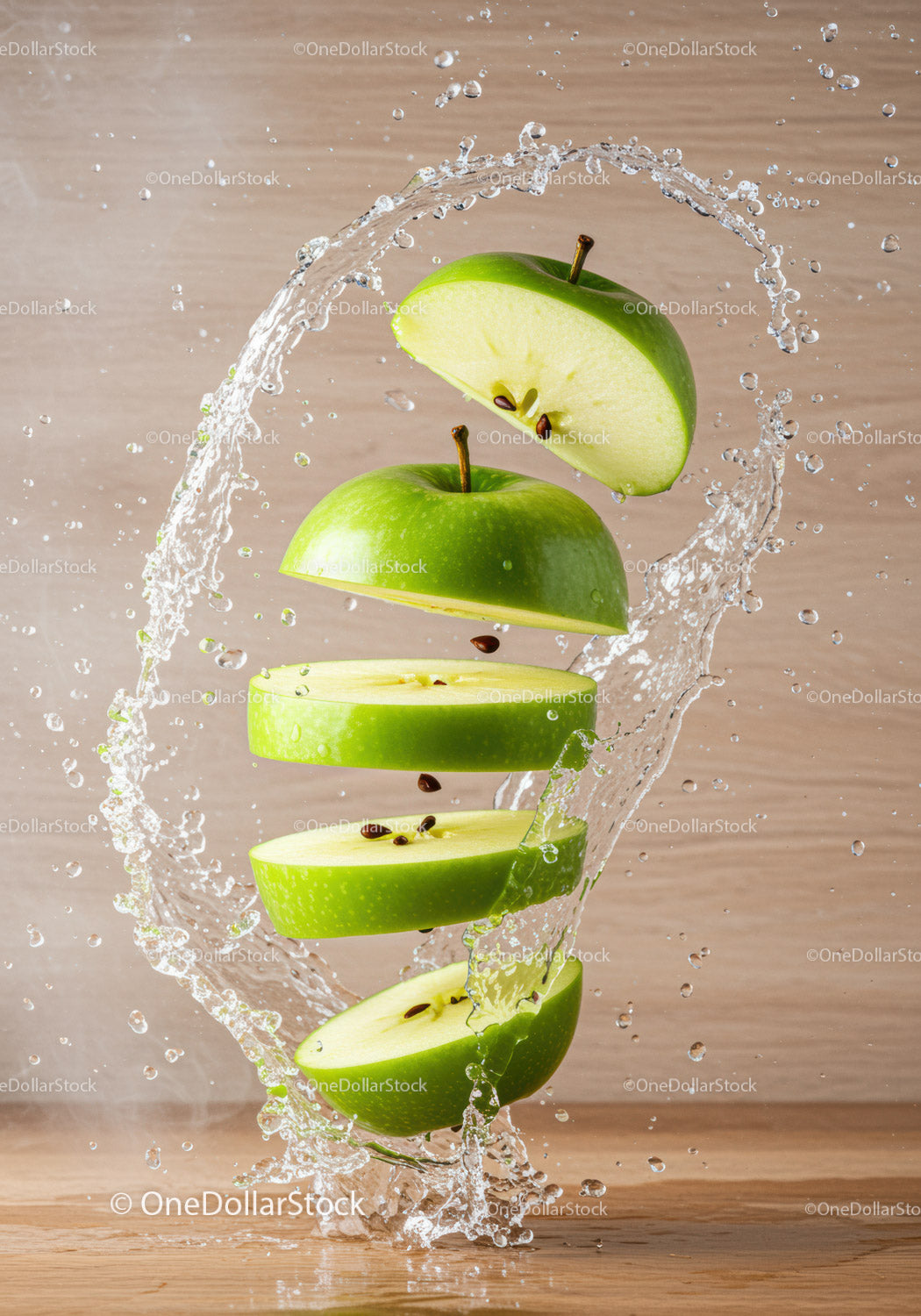 Fresh green apple slices surrounded by water splash