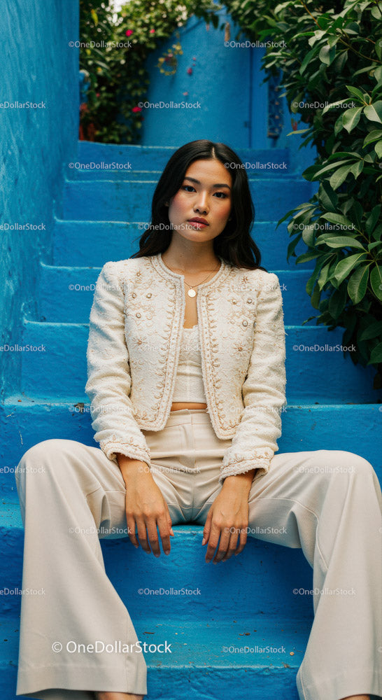 Chic Young Woman Sitting on Blue Stairs in Urban Environment