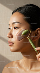 Young Woman Using Jade Roller for Facial Massage in Beauty Routine