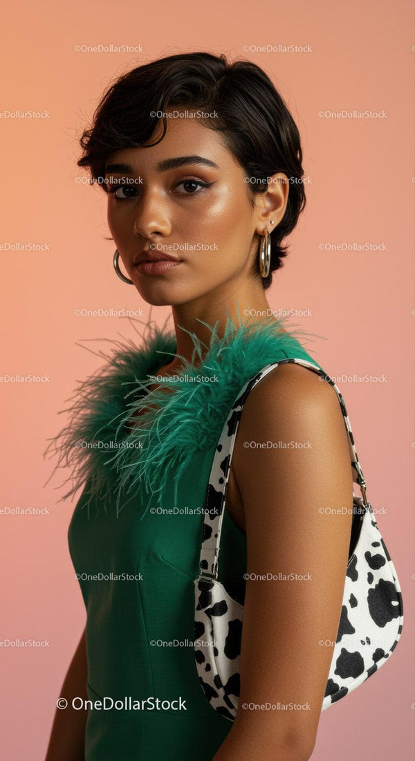 Fashion Model with Short Hair in Green Feathered Top and Animal Print Bag