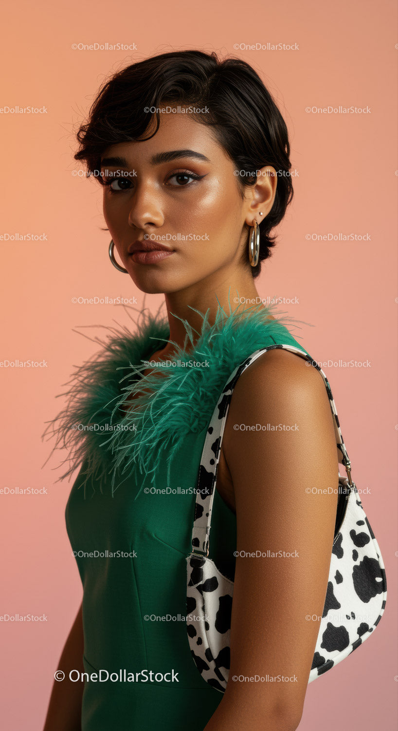 Fashion Model with Short Hair in Green Feathered Top and Animal Print Bag