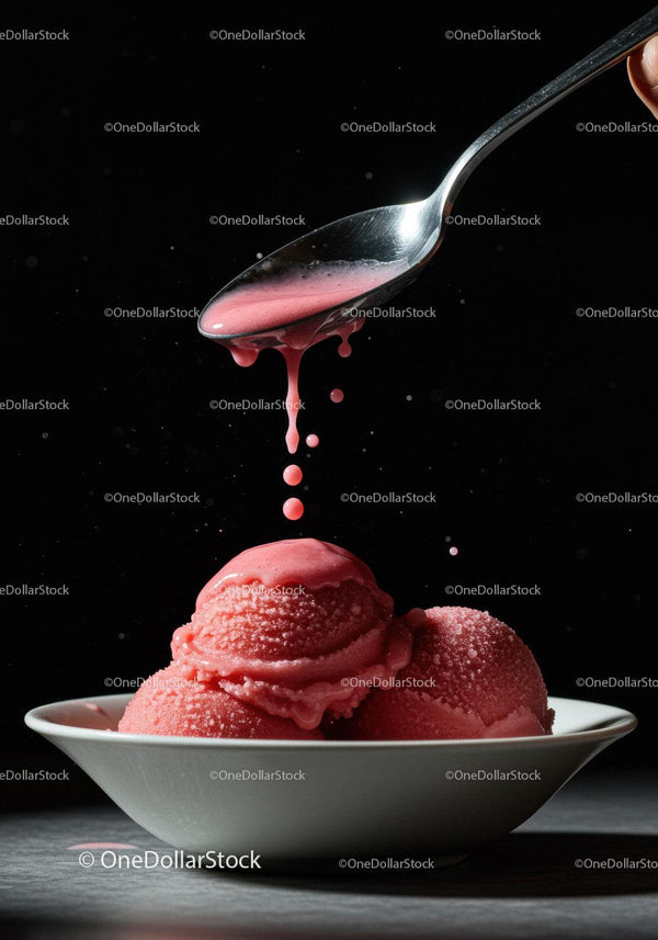 Smooth Spoon Pouring Sauce on Pink Ice Cream Scoops