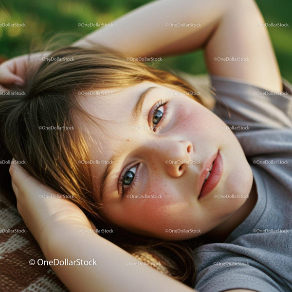 Relaxed girl laying on blanket outdoors in soft sunlight