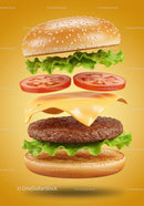 Deconstructed cheeseburger layers floating on yellow background
