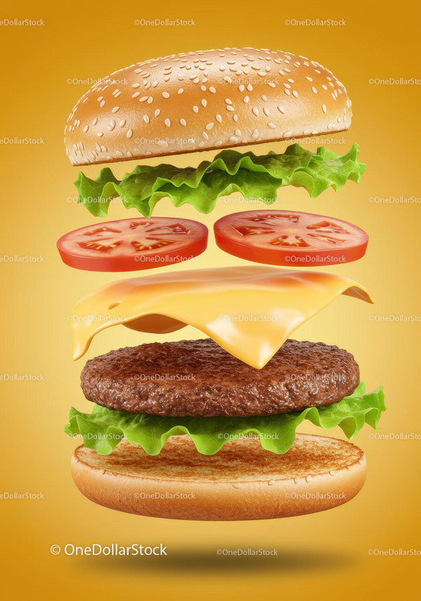 Deconstructed cheeseburger layers floating on yellow background
