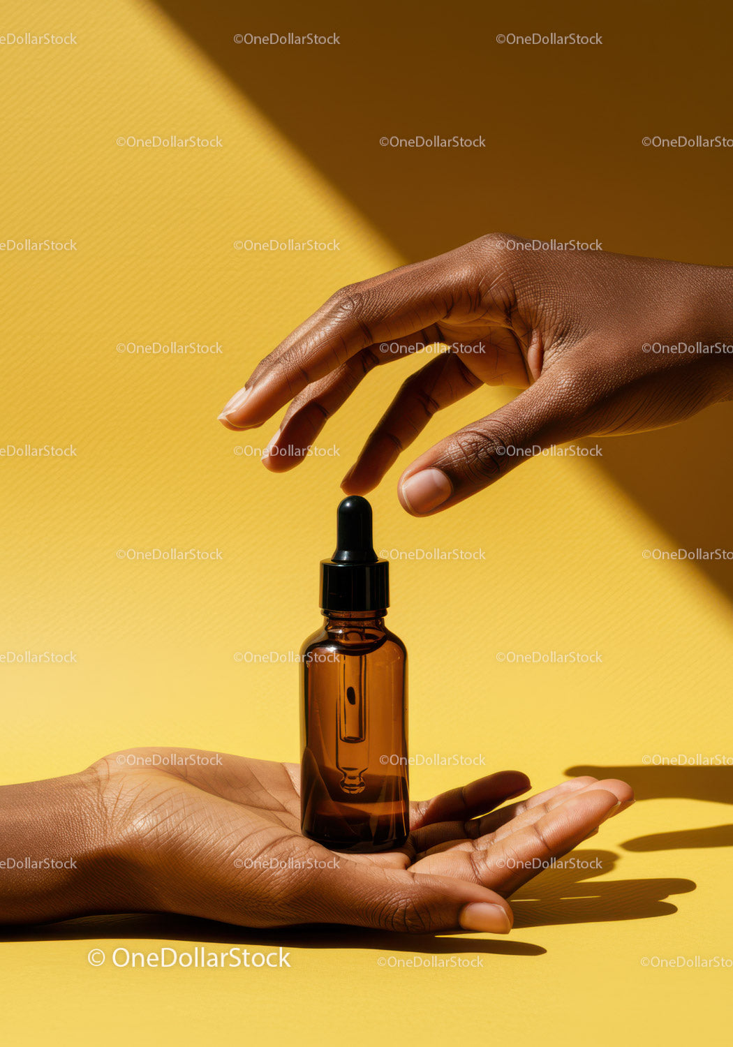 Elegant Hand with Dropper and Skincare Bottle on Yellow Background