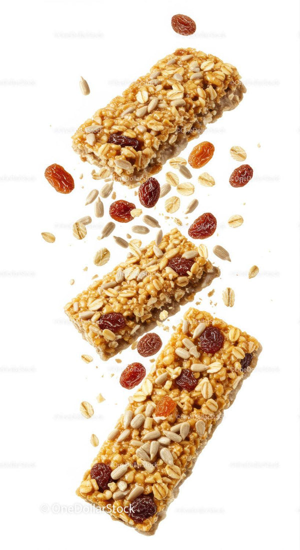Healthy granola bars with seeds and dried fruits closeup
