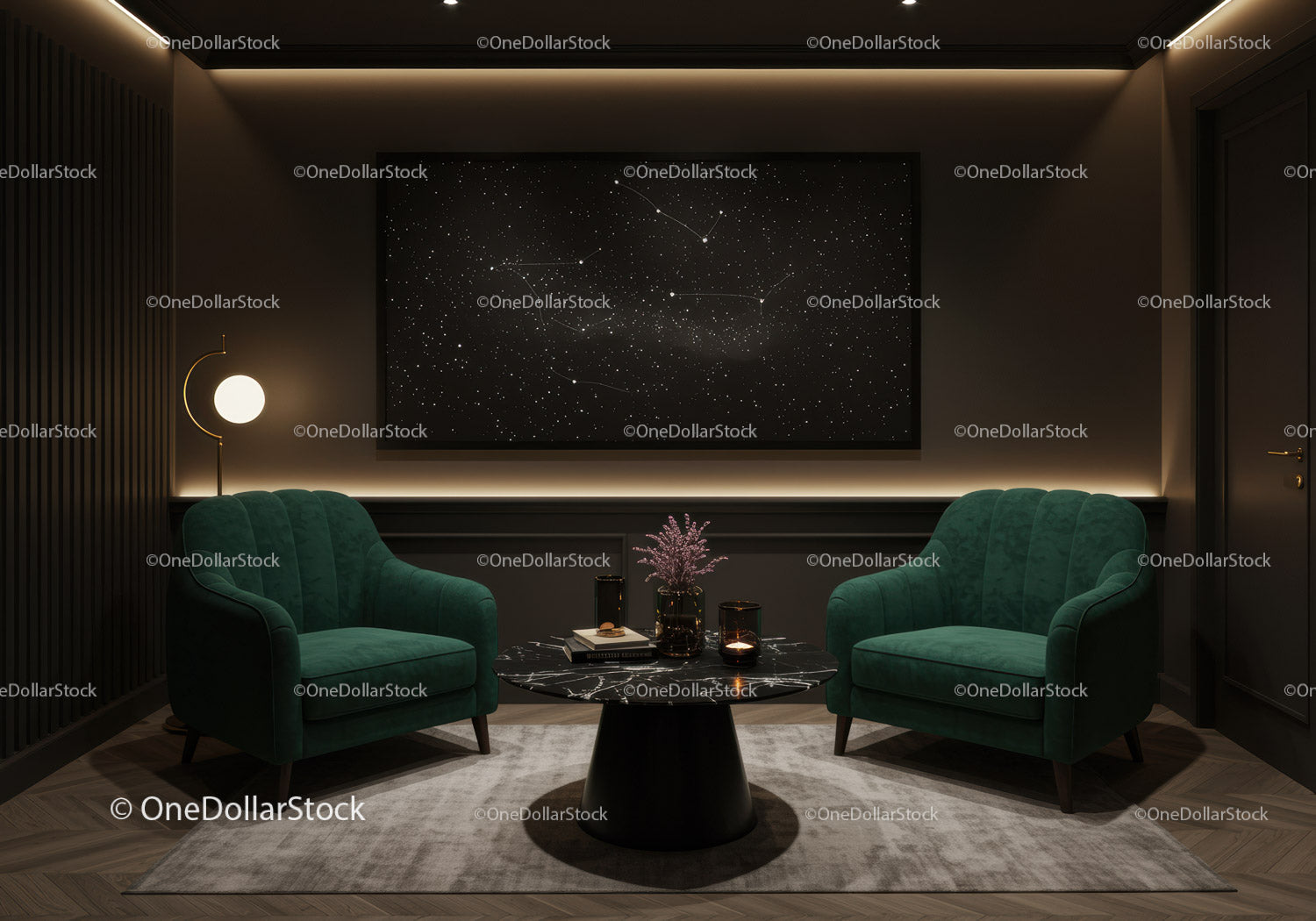 Cozy modern lounge with green armchairs and star map