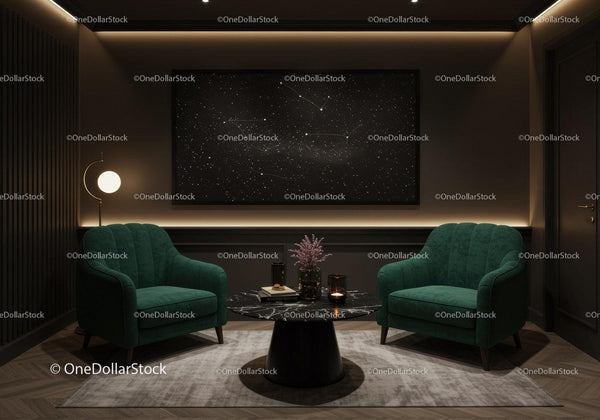 Cozy modern lounge with green armchairs and star map