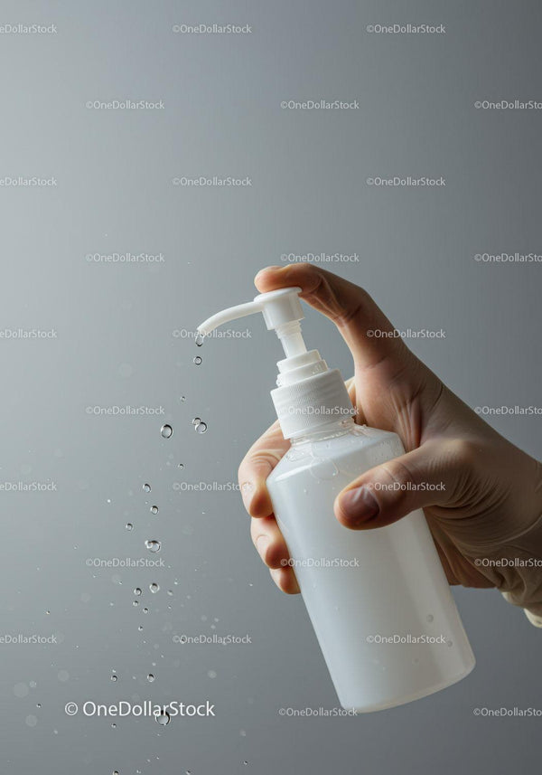 Hand Pumping Liquid Soap in a Clear Pump Bottle for Hygiene JPG Mockup Image