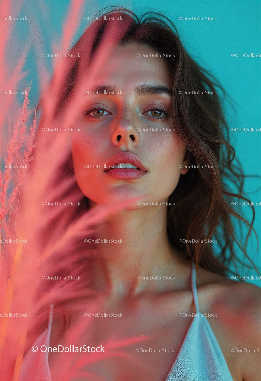 Vibrant Summer Portrait of a Young Woman with Blue Eyes and Wavy Hair