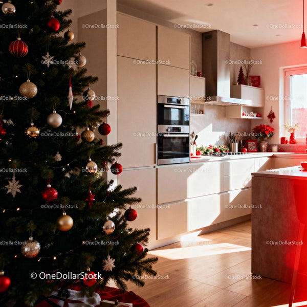 Modern kitchen warmly decorated for Christmas celebration