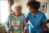 Elderly Woman Smiling with Supportive Nurse in Caregiving Setting