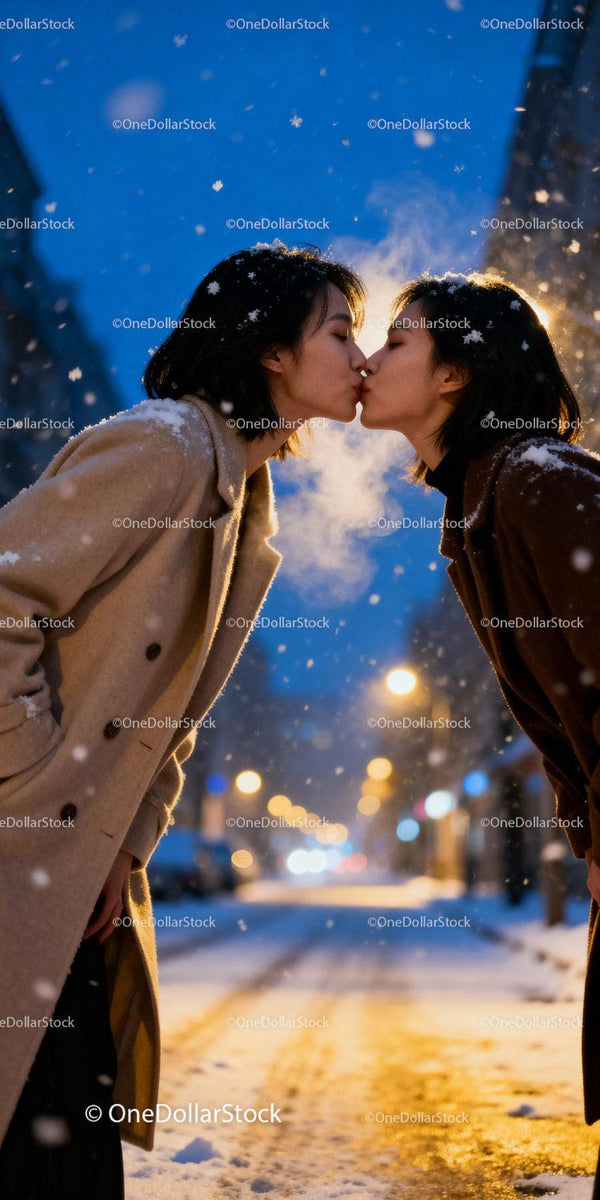 Couple Sharing a Tender Kiss on Snowy Evening Street