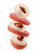 Fresh lychee fruit segments with exposed seeds isolated
