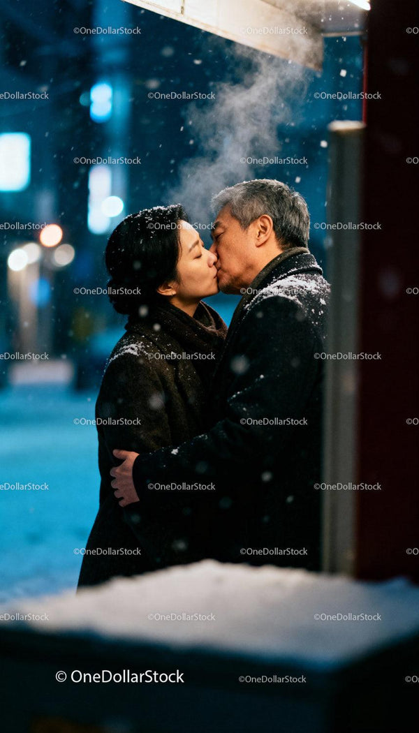 Couple sharing a warm winter kiss on snowy street