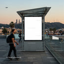 Urban scene with blank billboard at sunset cityscape