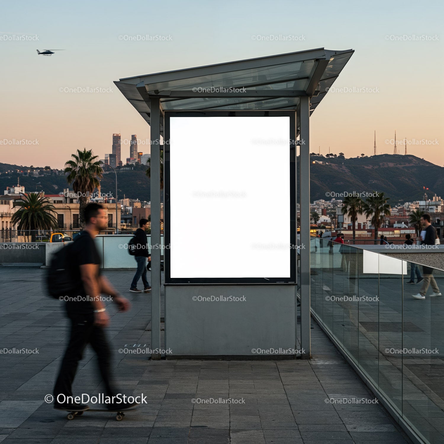 Urban scene with blank billboard at sunset cityscape