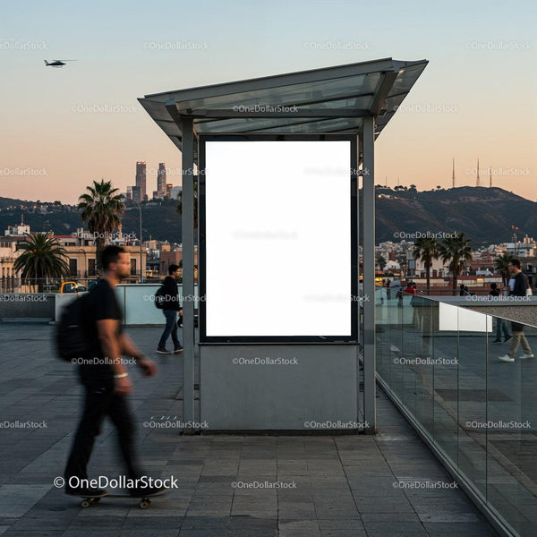 Urban scene with blank billboard at sunset cityscape JPG Mockup Image