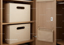 Wooden Shelves with Beige Fabric Storage Bins in Closet