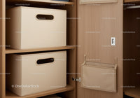 Wooden Shelves with Beige Fabric Storage Bins in Closet