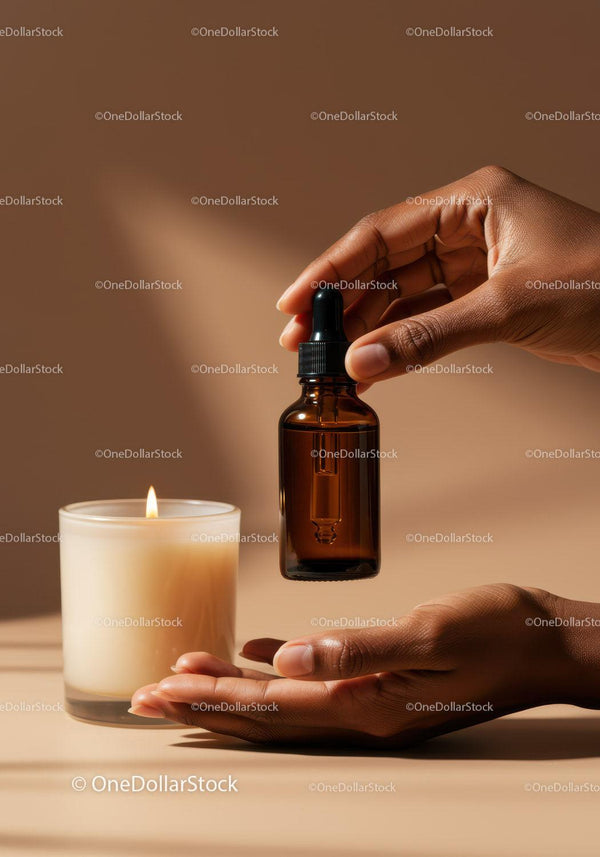 Essential Oil Dropper and Candle Creating a Relaxing Atmosphere JPG Mockup Image