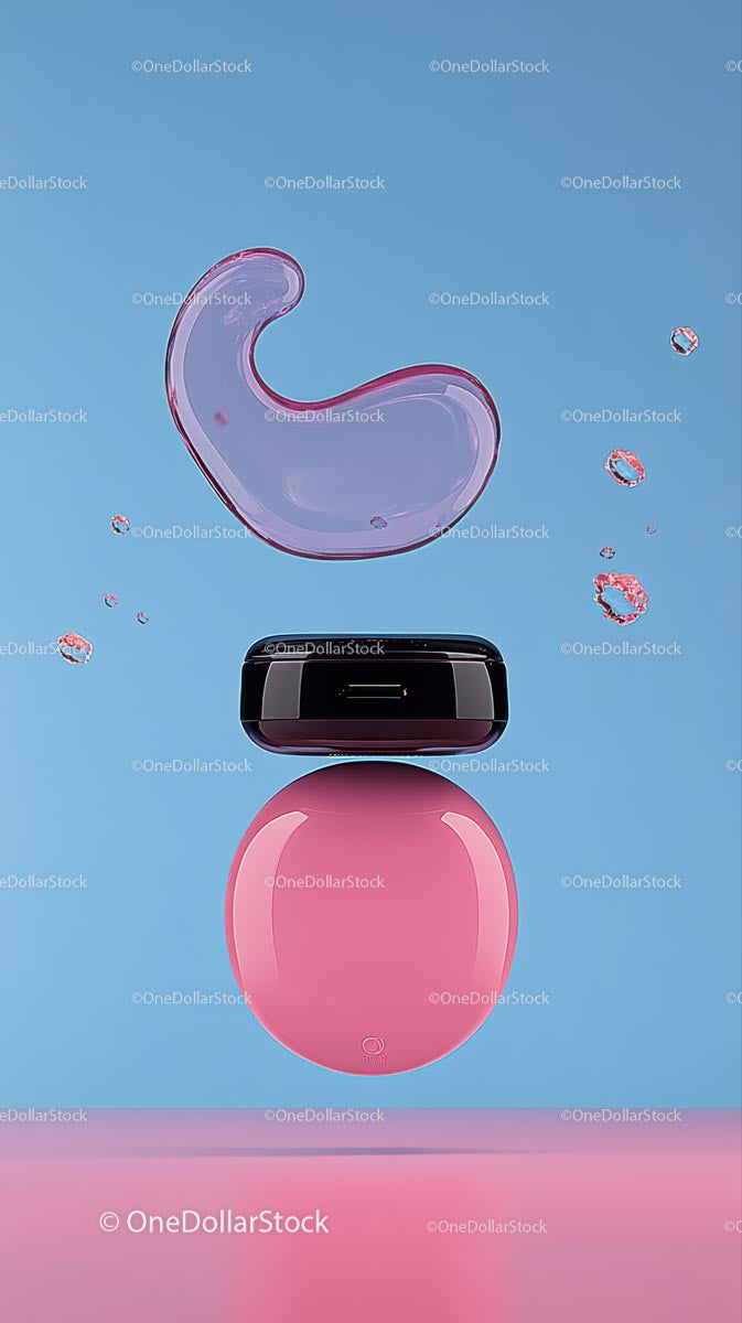 Pink Beauty Blender and Liquid Foundation Floating on Blue Background