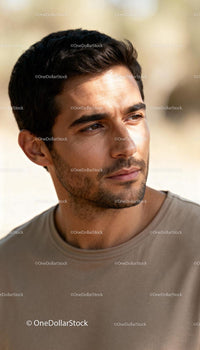 Thoughtful young man looking away in warm sunlight