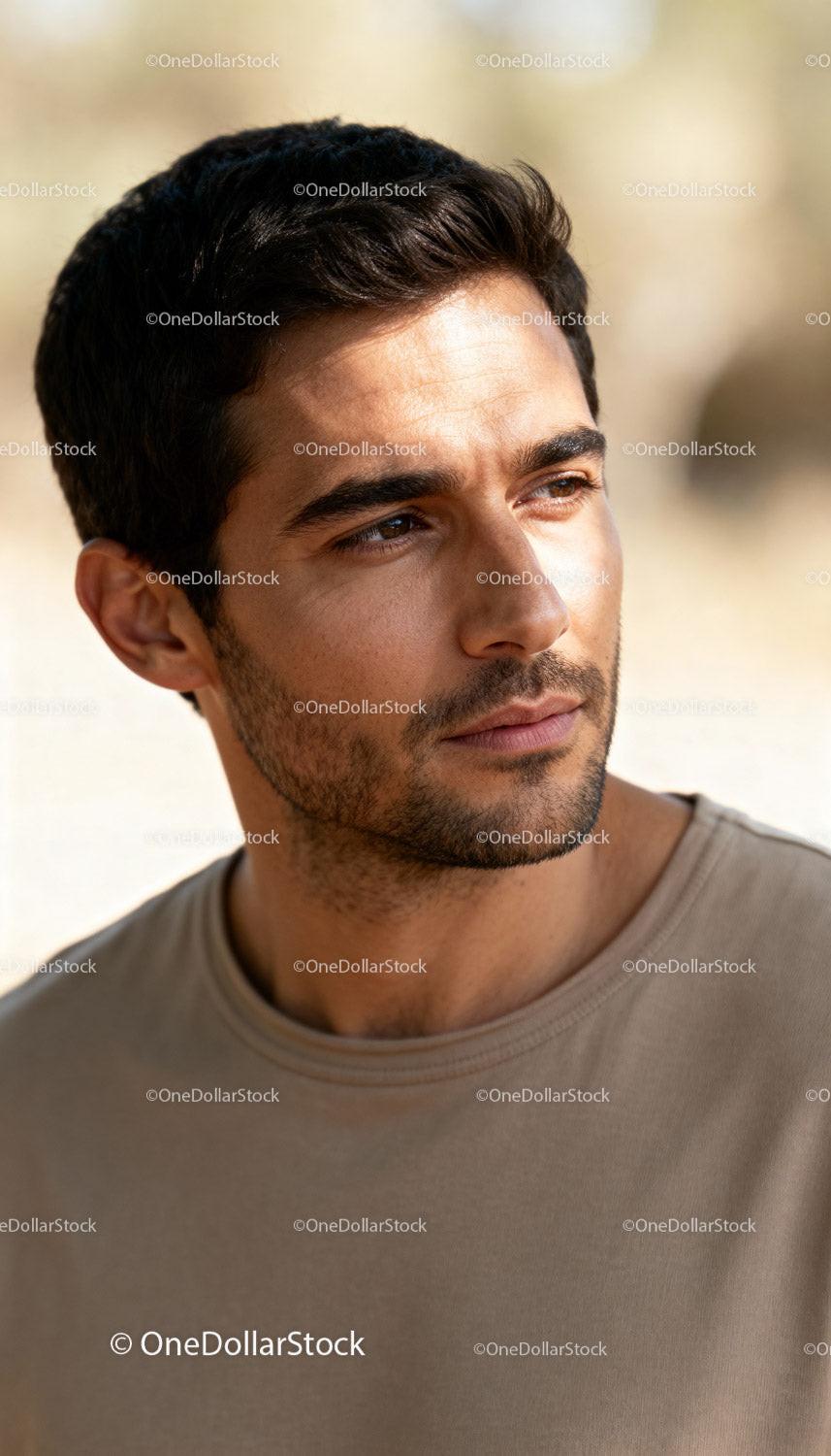 Thoughtful young man looking away in warm sunlight