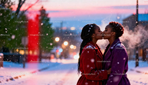 Loving couple sharing a tender kiss on snowy street
