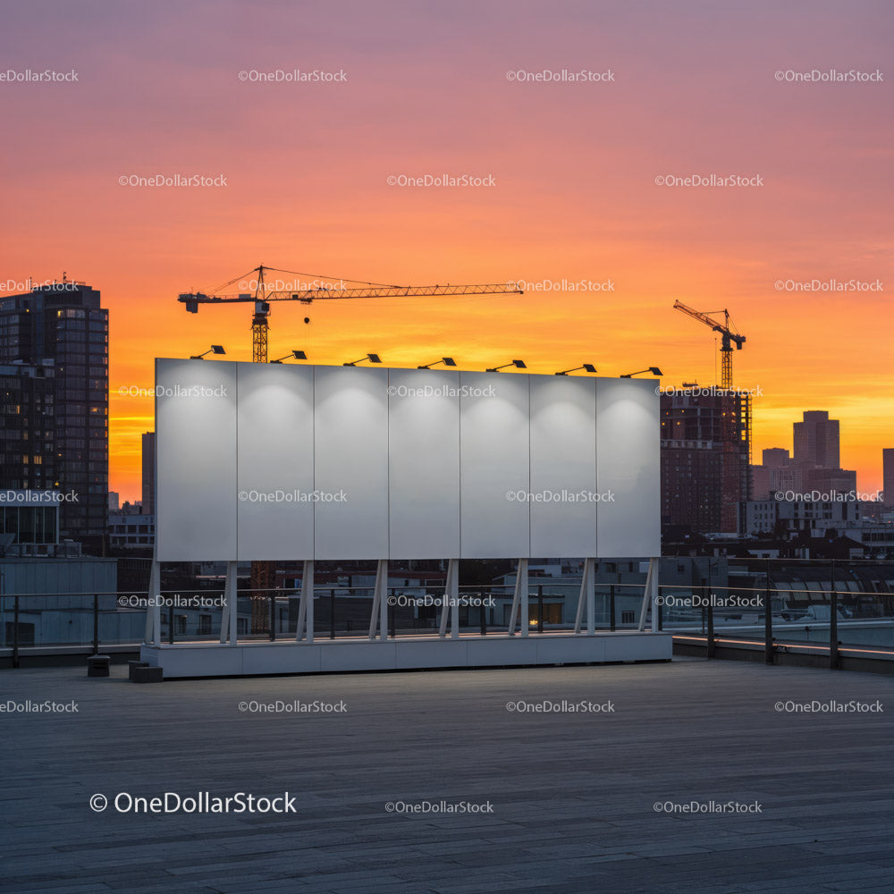 City Skyline with Construction Cranes and Sunset Sky