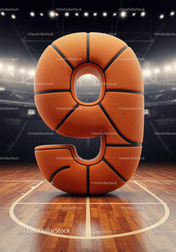 Number Nine Shaped Like Basketball on Court