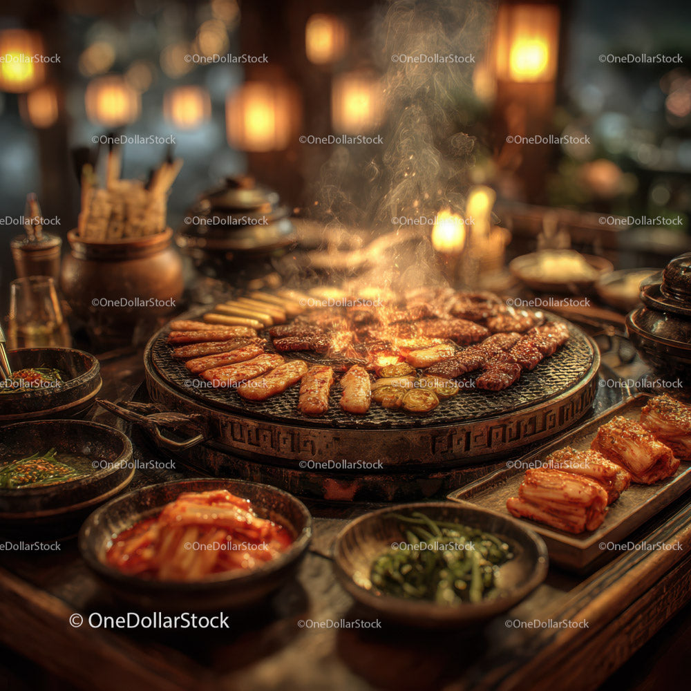 Traditional Korean Barbecue with Grilled Meat and Smoky Flavors