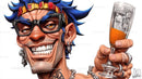 Edgy Punk Character with Blue Hair Holding a Glass in a Dynamic Scene