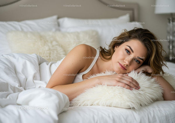 Relaxed young woman lying on bed with fluffy pillow