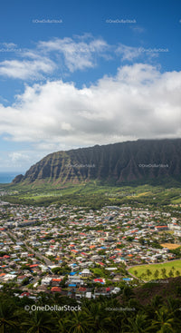 Mountain Range Overlooking Cityscape With Tropical Vegetation