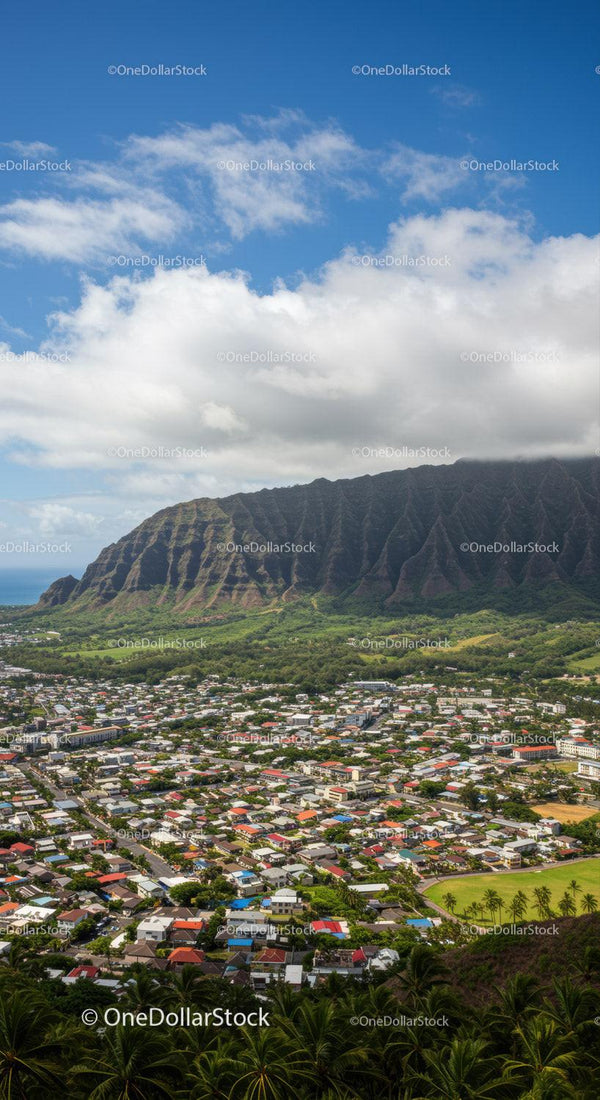Mountain Range Overlooking Cityscape With Tropical Vegetation