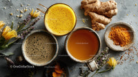Turmeric Powder, Fresh Ginger, and Herbal Tea for Wellness
