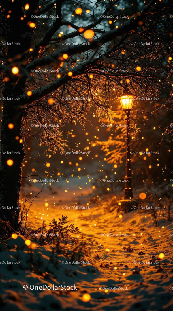 Snowy path illuminated by glowing street lamp at dusk
