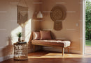 Cozy corner with cushioned bench and natural decor