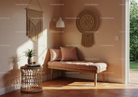 Cozy corner with cushioned bench and natural decor