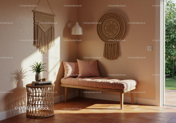 Cozy corner with cushioned bench and natural decor