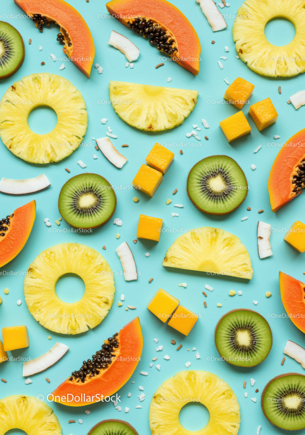 Fresh tropical fruits artfully arranged on blue background