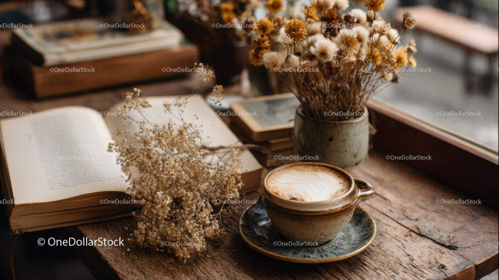 Cozy Coffee Scene with Dried Flowers and Open Book in Warm Natural Light