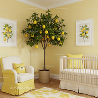Bright Yellow and Lemon Kids Nursery with Potted Lemon Tree and Cozy Furniture