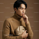 Stylish Man in Beige Turtleneck Posing with Confidence in Studio
