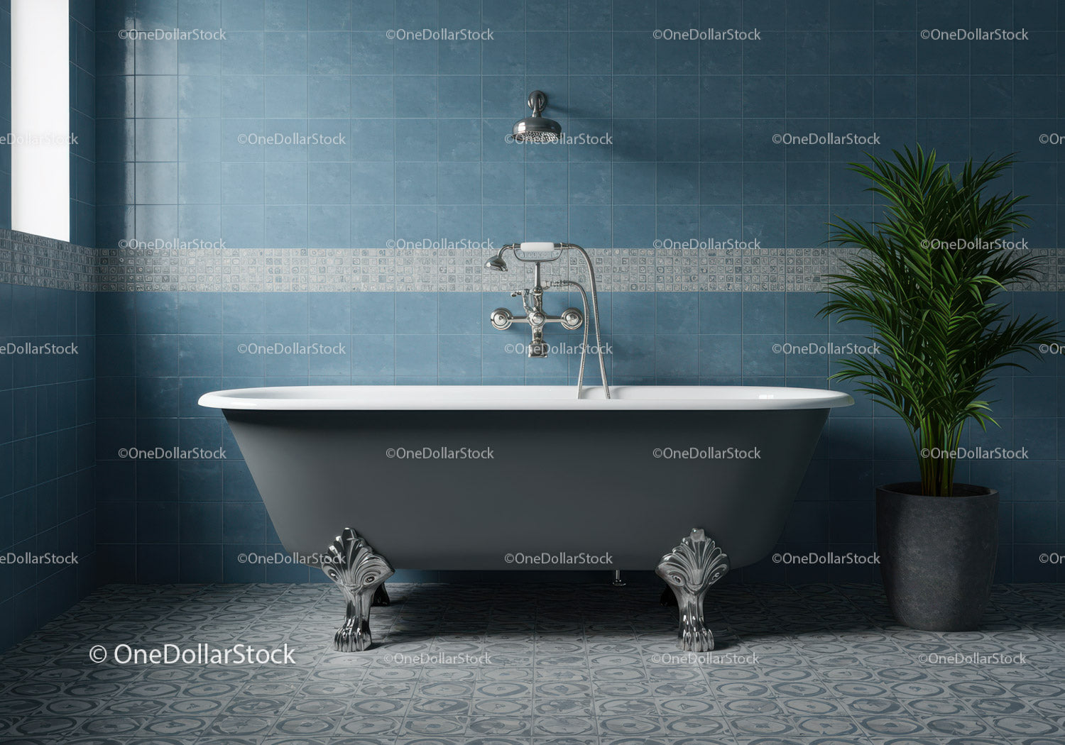Classic freestanding bathtub in elegant blue bathroom